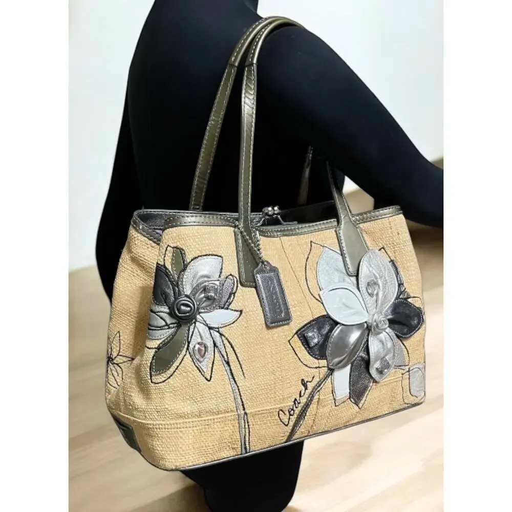 Y2K Coach 13531 Hamptons Archive 10th Anniversary Straw Floral Bag & Wristlet